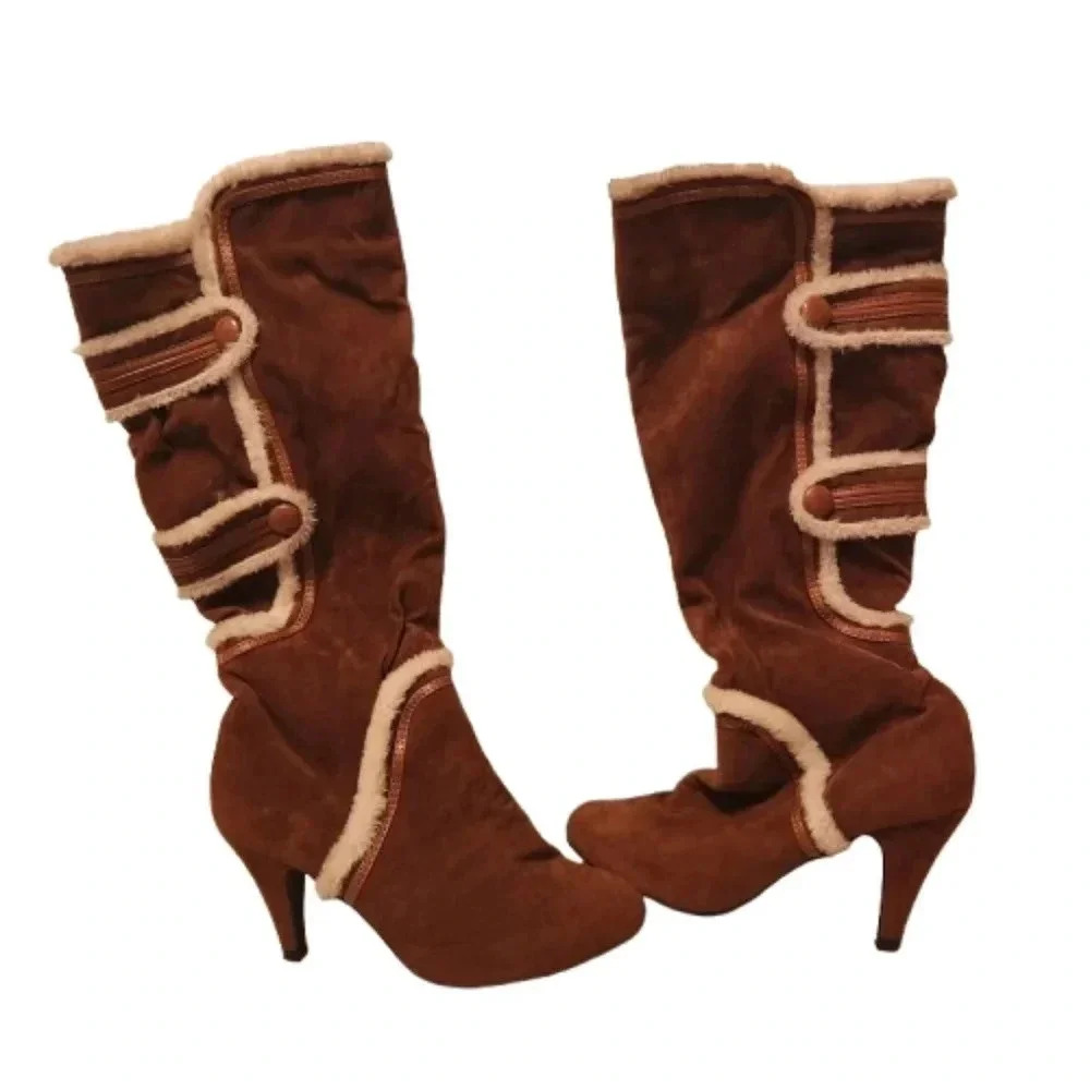 Segolena Paris brown suede with cream detail mid calf boots Size 8
